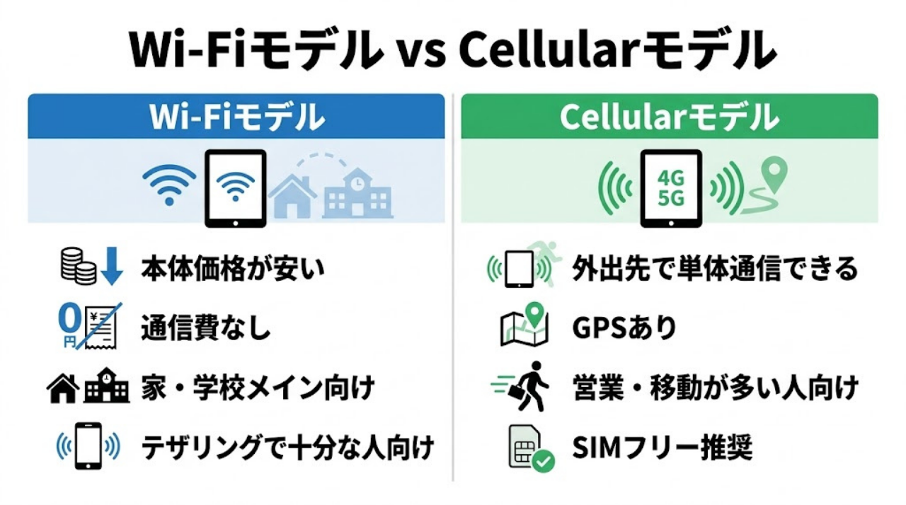 中古iPadのWi-FiモデルとCellularモデルの違いを比較した日本語図解。Wi-Fiモデルは本体価格が安く家や学校向け、Cellularモデルは外出先通信やGPSが必要な人向けと示している