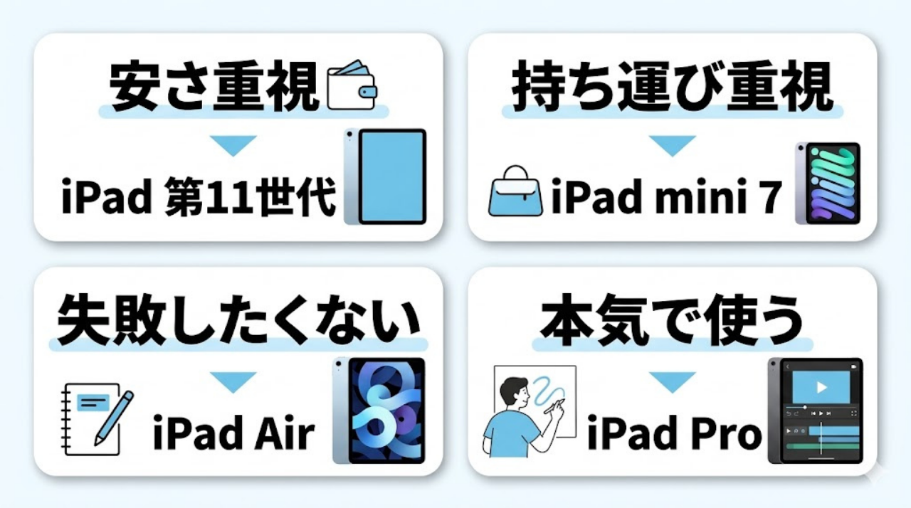 用途別におすすめのiPadをまとめた比較図。安さ重視なら第11世代、持ち運び重視ならmini、万能ならAir、本格派ならPro