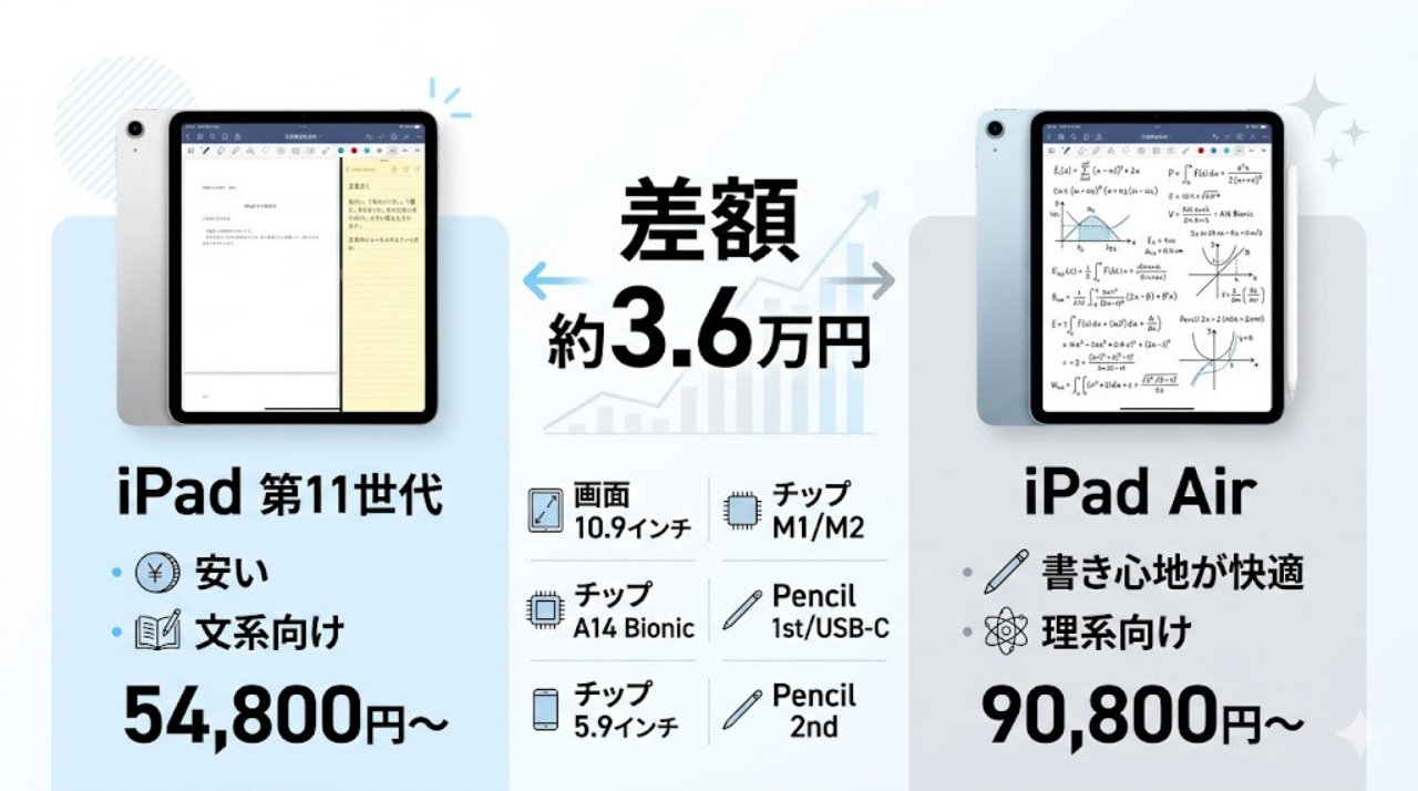 iPad第11世代とiPad Airの違いを、価格や書き心地で比較した画像