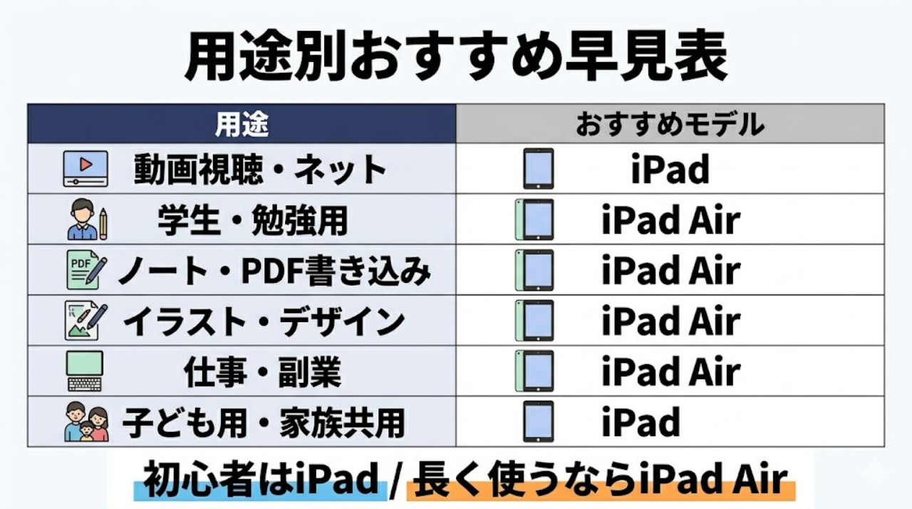 動画視聴や勉強、イラストなど用途別にiPadとiPad Airのおすすめをまとめた早見表