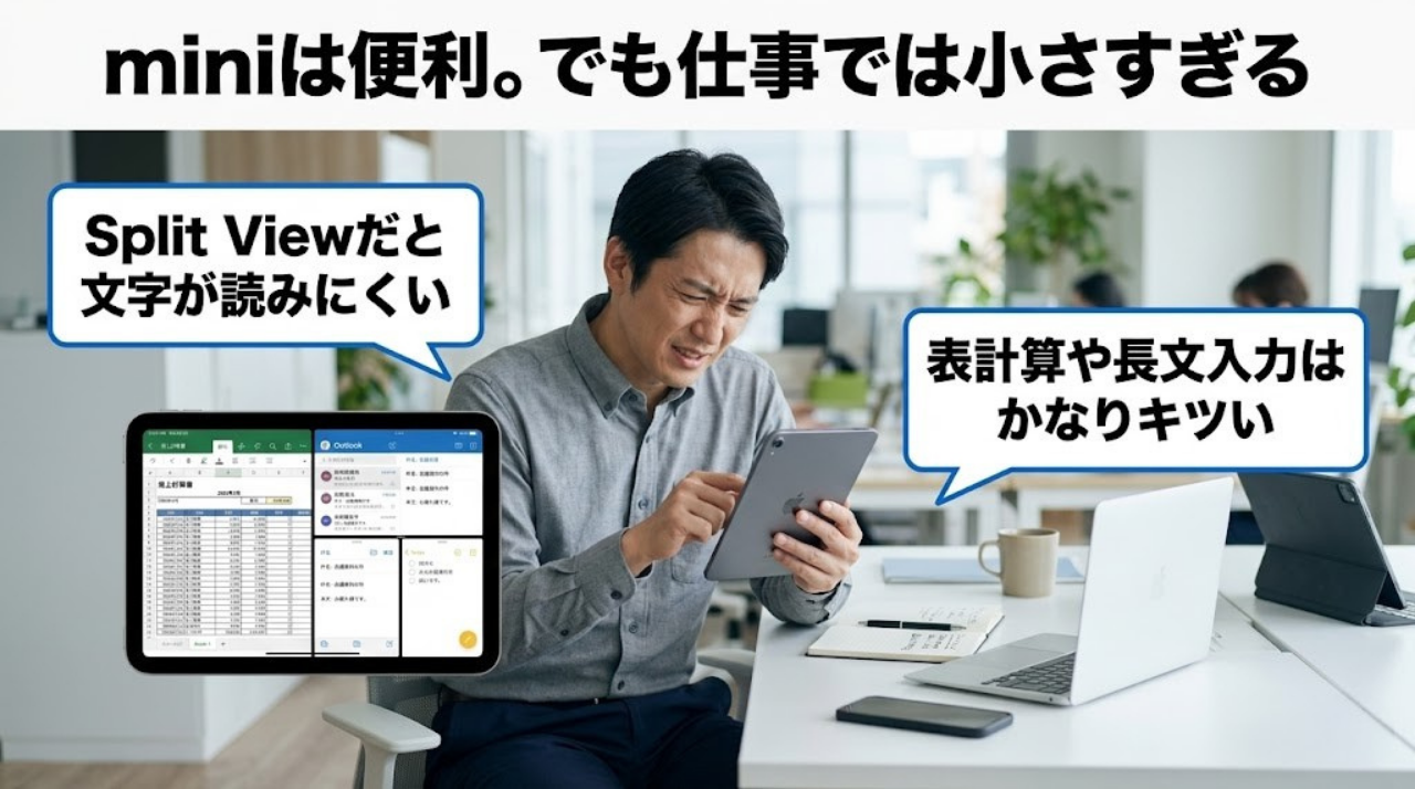 iPad miniで表計算や画面分割をすると作業しづらいことを示したイメージ図。