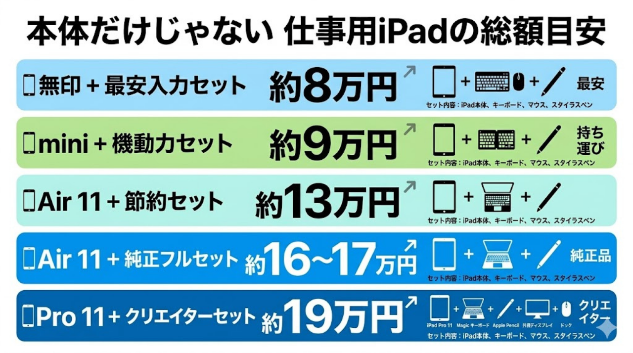 仕事用iPadの周辺機器込み総額を比較した図。無印iPadの最安入力セットからProのクリエイターセットまで、日本語で価格目安が整理されている。