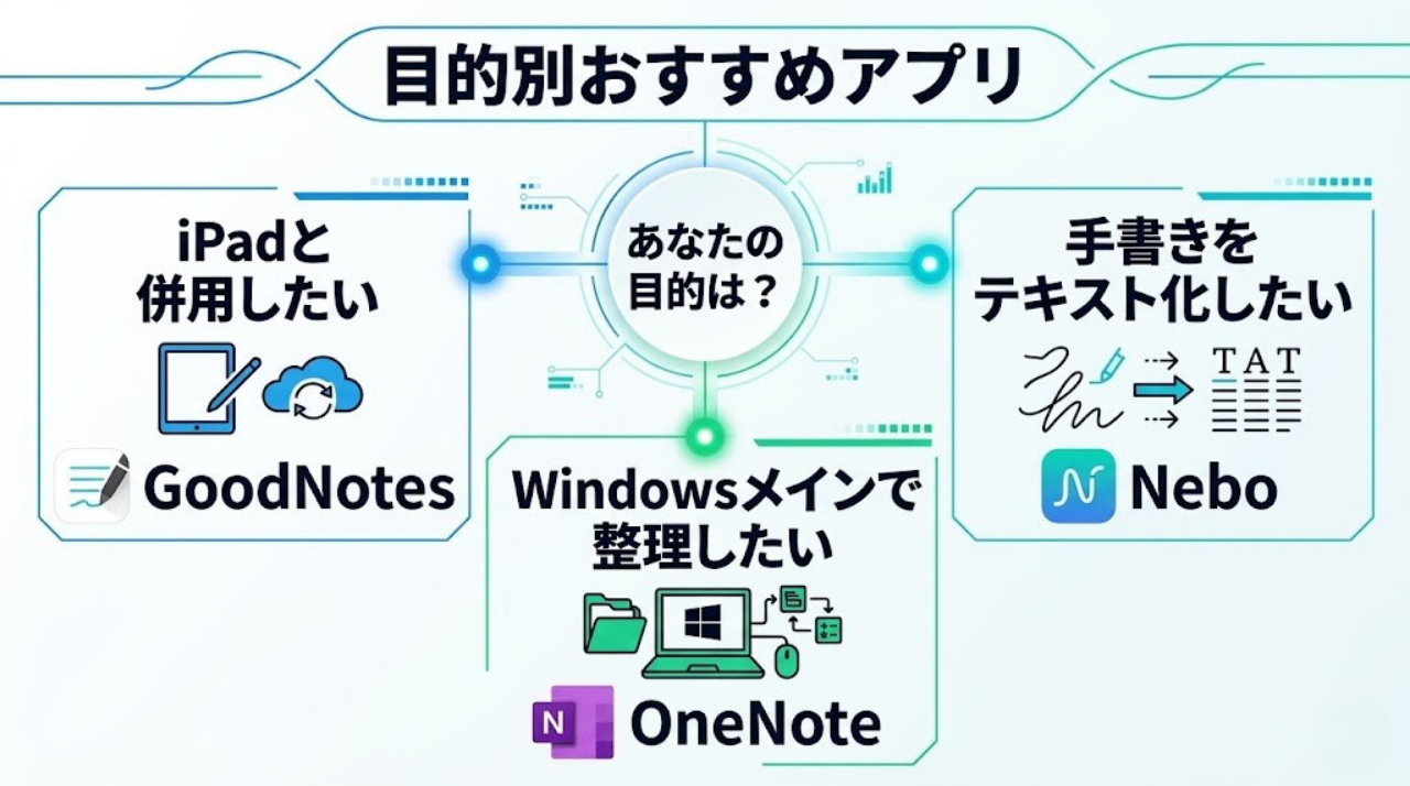 GoodNotes、OneNote、Neboを目的別におすすめする比較インフォグラフィック
