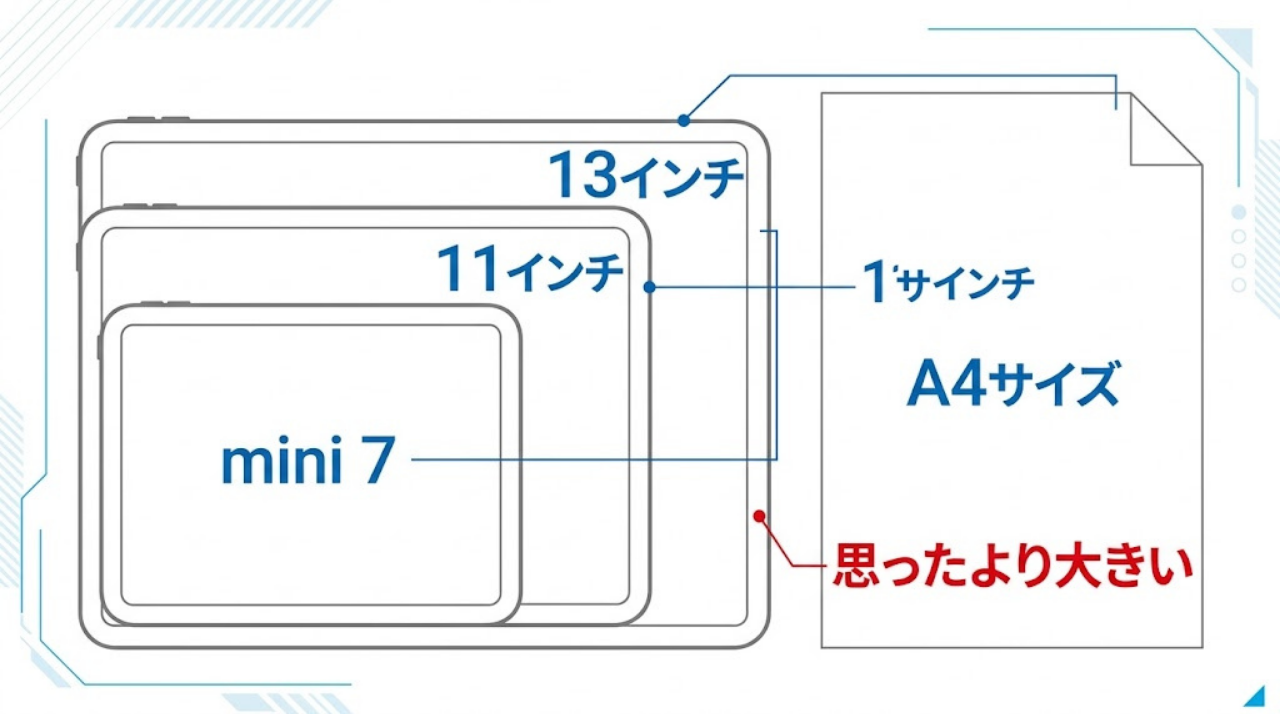 iPad mini 7、11インチiPad、13インチiPadの大きさをA4サイズと比較した図