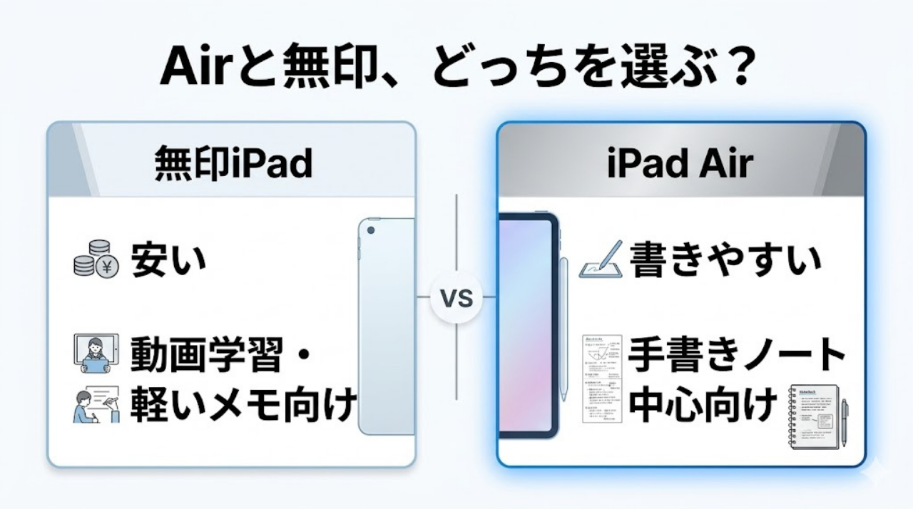 iPad Airと無印iPadの違いを比較した図解。価格重視なら無印iPad、手書きノート重視ならiPad Airが向いていることを示している。
