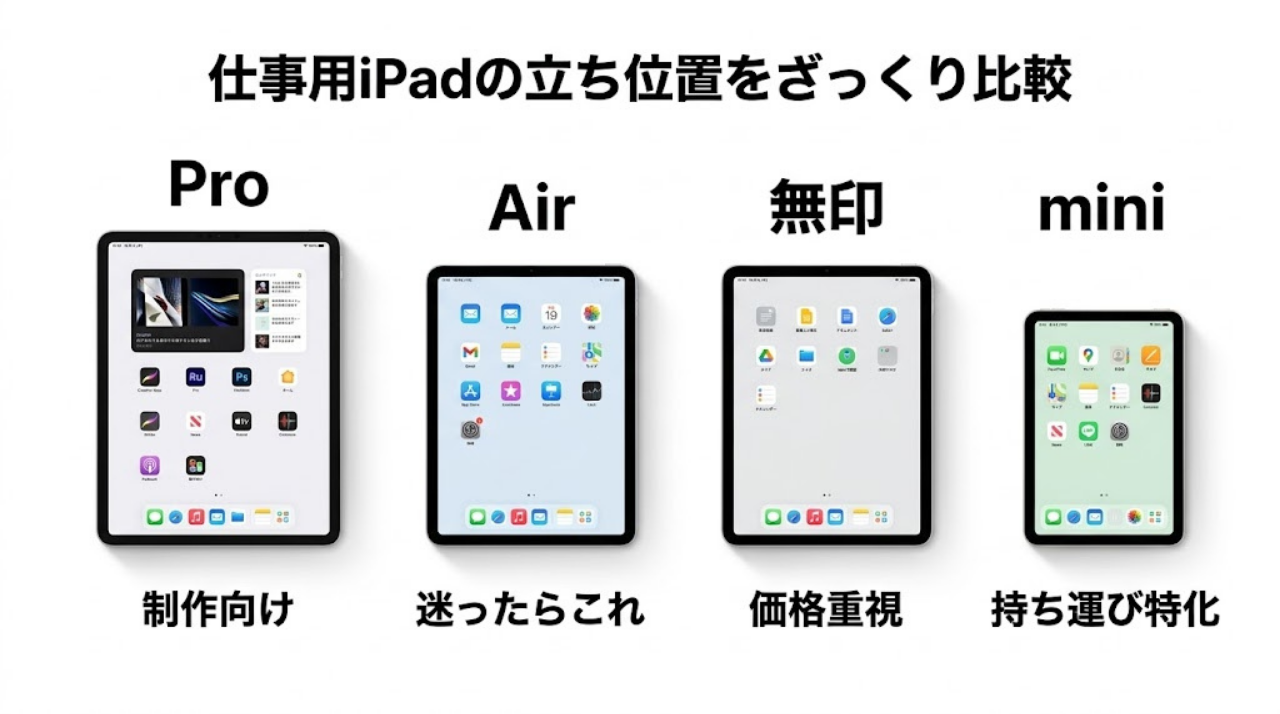 Air・Pro・mini・無印iPadの立ち位置を比較した図。迷ったらAir、制作向けはPro、持ち運び特化はmini、価格重視は無印と日本語で整理されている。