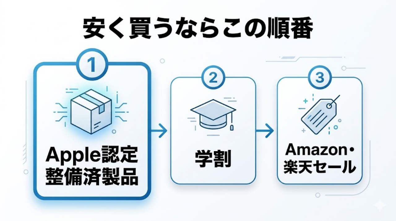 勉強用iPadを安く買う方法を優先順位で示した図。Apple認定整備済製品、学割、Amazonや楽天のセールの順におすすめしている。