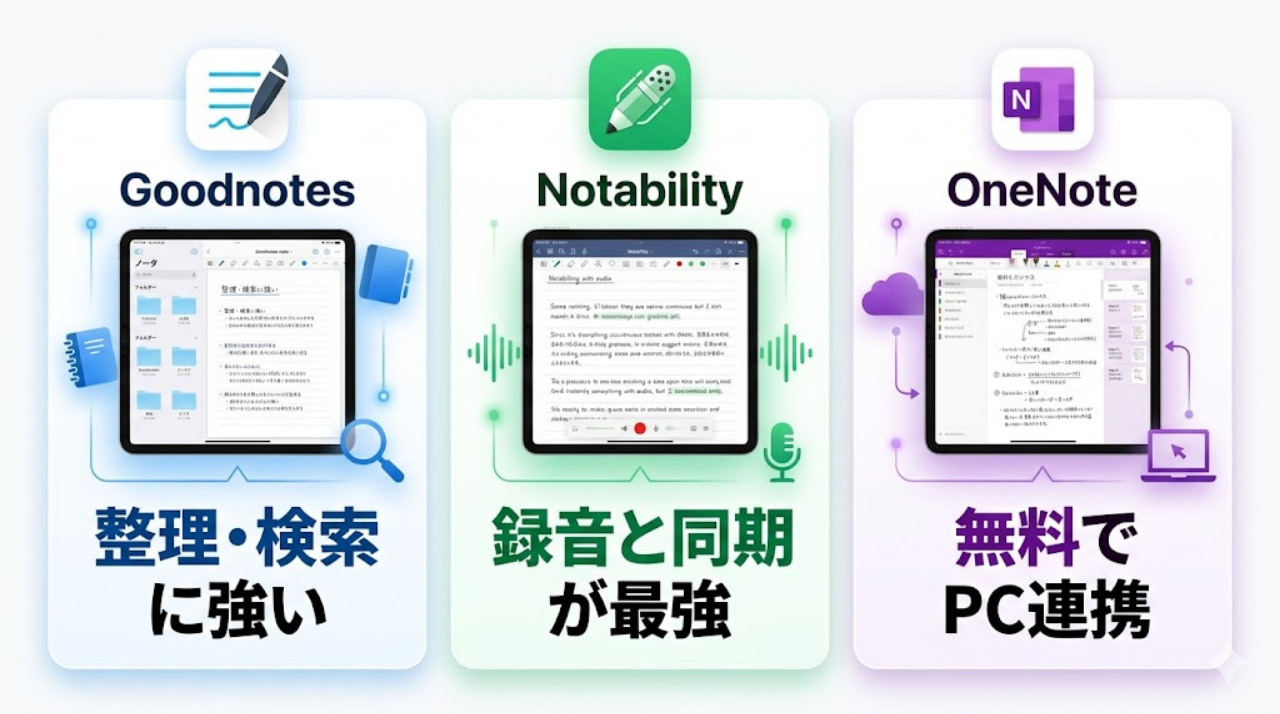 Goodnotes、Notability、OneNoteなど大学生向けノートアプリを比較した画像