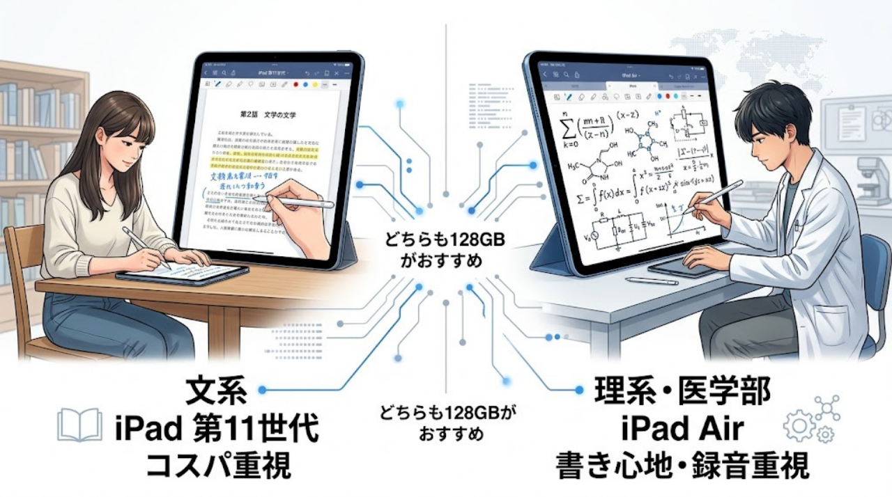 文系学生はiPad第11世代、理系学生はiPad Airがおすすめであることを示す比較画像
