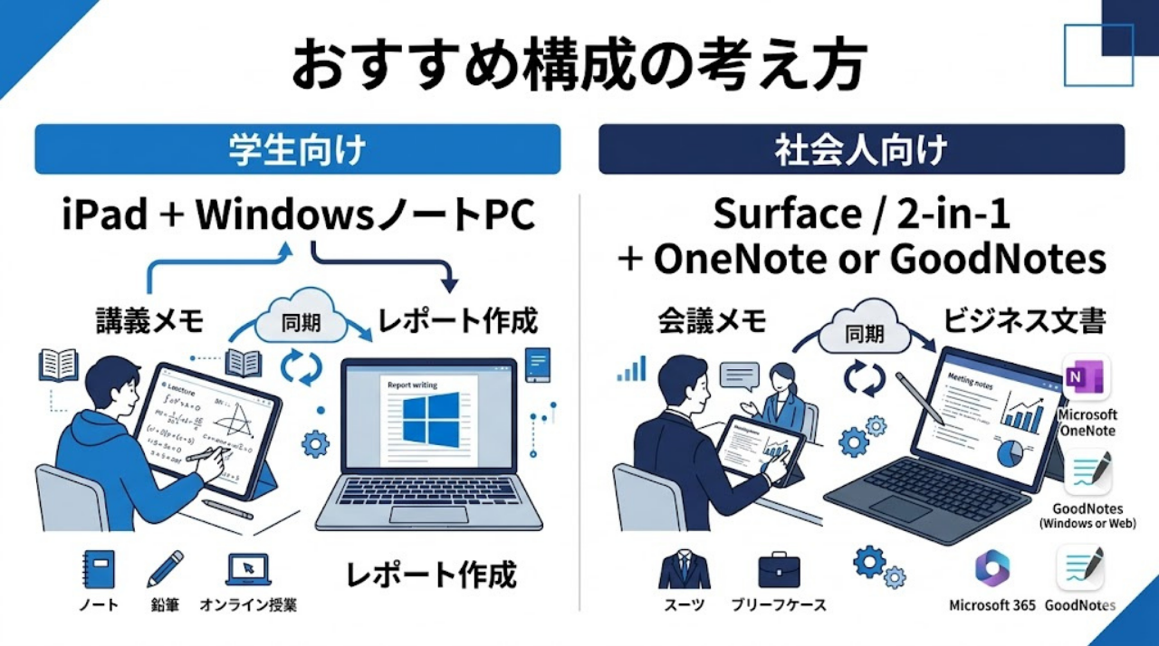 学生向けと社会人向けに分けてWindowsでiPad並みのノート環境を作る構成例を示した図