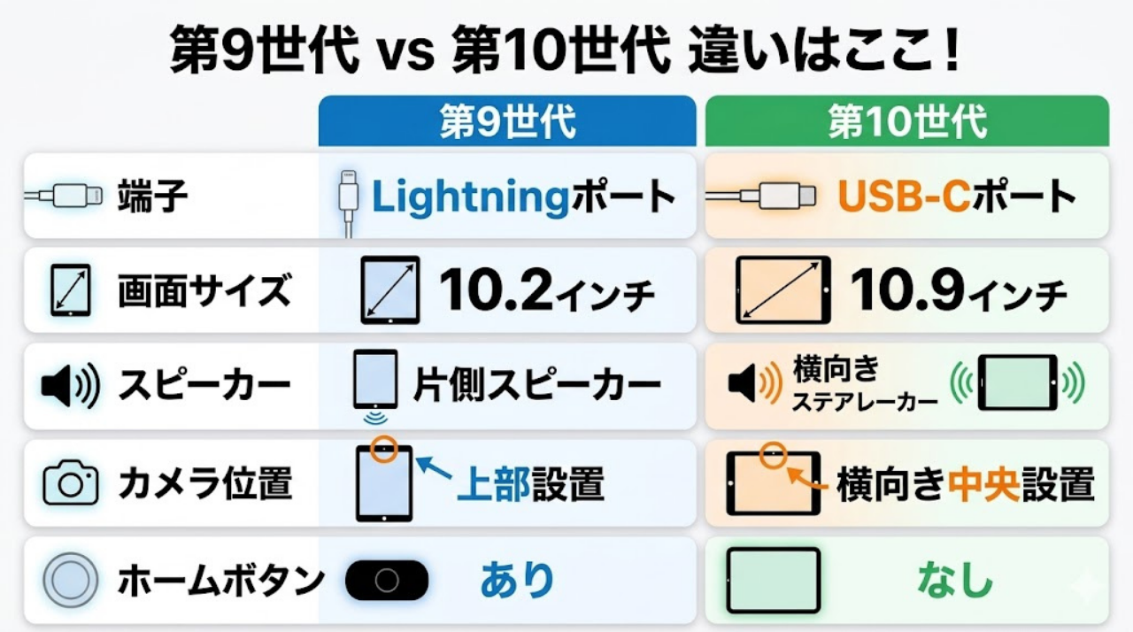 iPad第9世代と第10世代の主な違いまとめ図