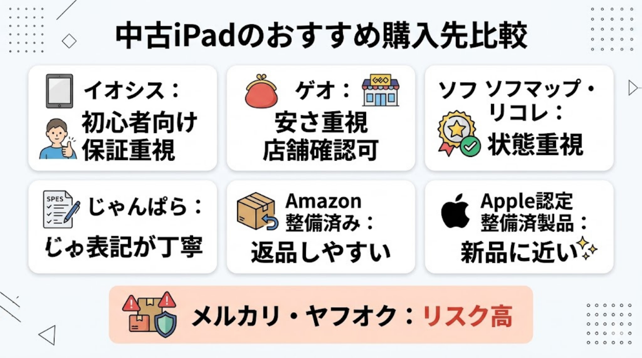 中古iPadのおすすめ購入先を比較した日本語インフォグラフィック。イオシス、ゲオ、ソフマップ、じゃんぱら、Amazon整備済み、Apple認定整備済製品の特徴と、メルカリやヤフオク