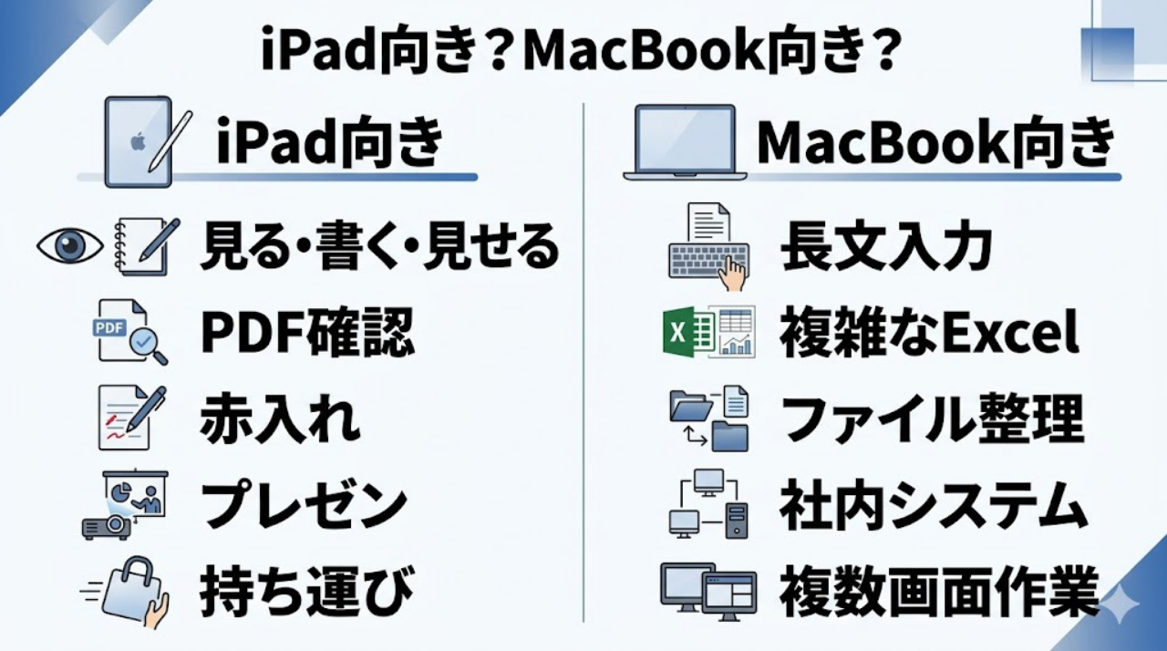 iPadとMacBookの向き不向きを比較した図。iPadは見る・書く・見せる作業向き、MacBookは長文入力や複雑なExcel向きと日本語で整理されている。