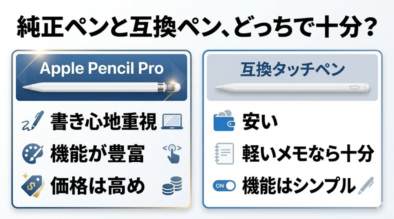 Apple Pencil Proと安い互換タッチペンの違いを比較した図。書き心地重視なら純正、軽いメモ中心なら互換ペンでも十分であることを示している。