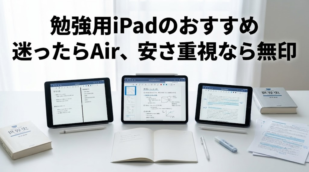 勉強用iPadのおすすめを比較するアイキャッチ画像。iPad Air・無印iPad・iPad miniを机の上で比較している。