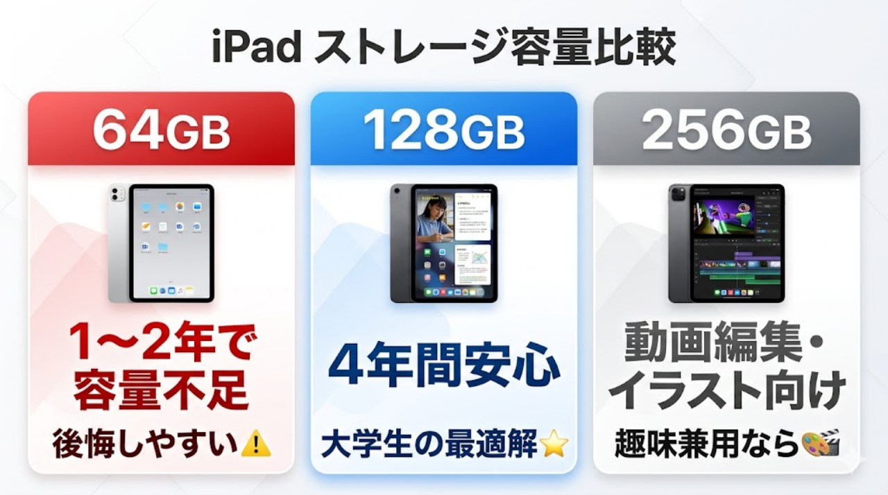 大学生向けiPadの64GB、128GB、256GBの違いを比較した図