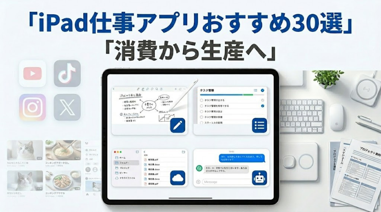 iPadを仕事道具として活用するイメージ画像。メモ、タスク管理、ファイル共有、AI活用の画面が表示されている