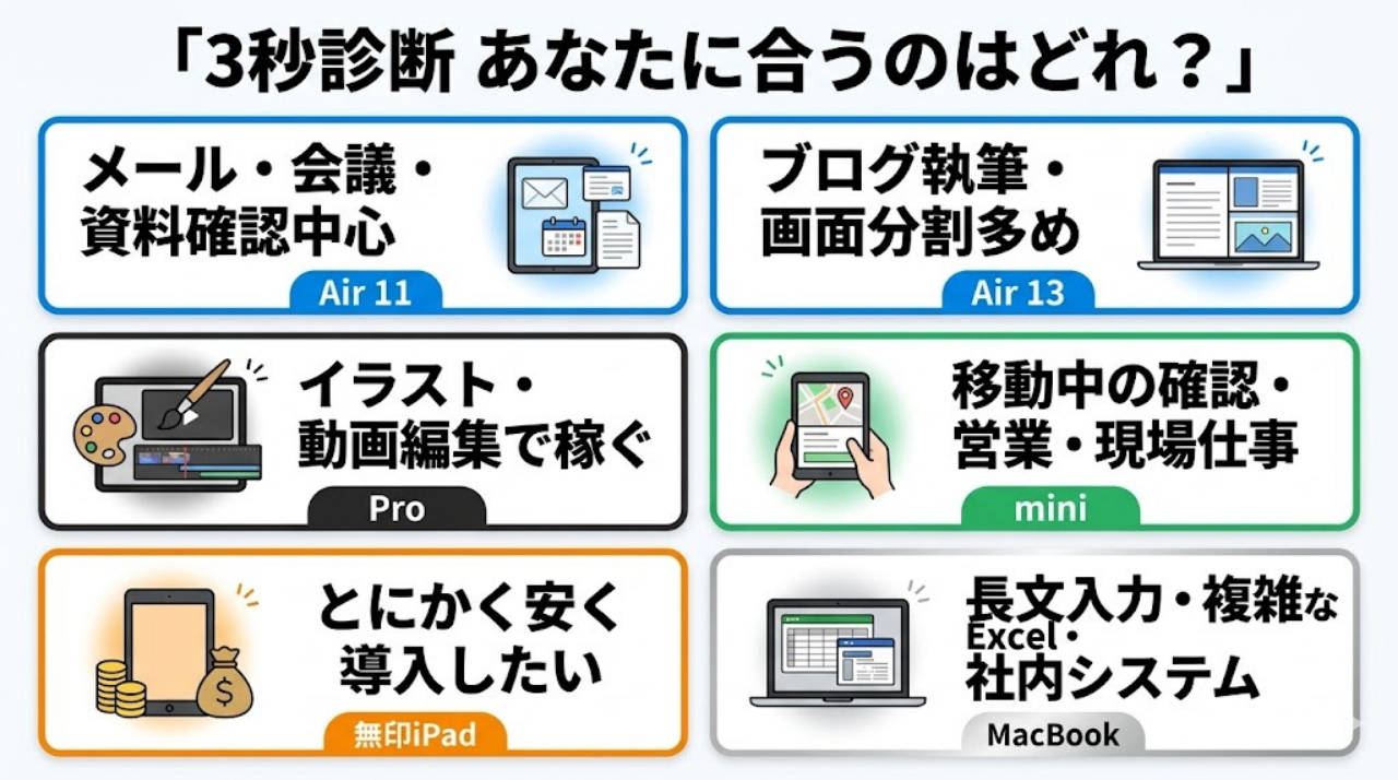 仕事用iPadの3秒診断インフォグラフィック。用途別にAir 11、Air 13、Pro、mini、無印iPad、MacBookのおすすめが日本語で整理されている。