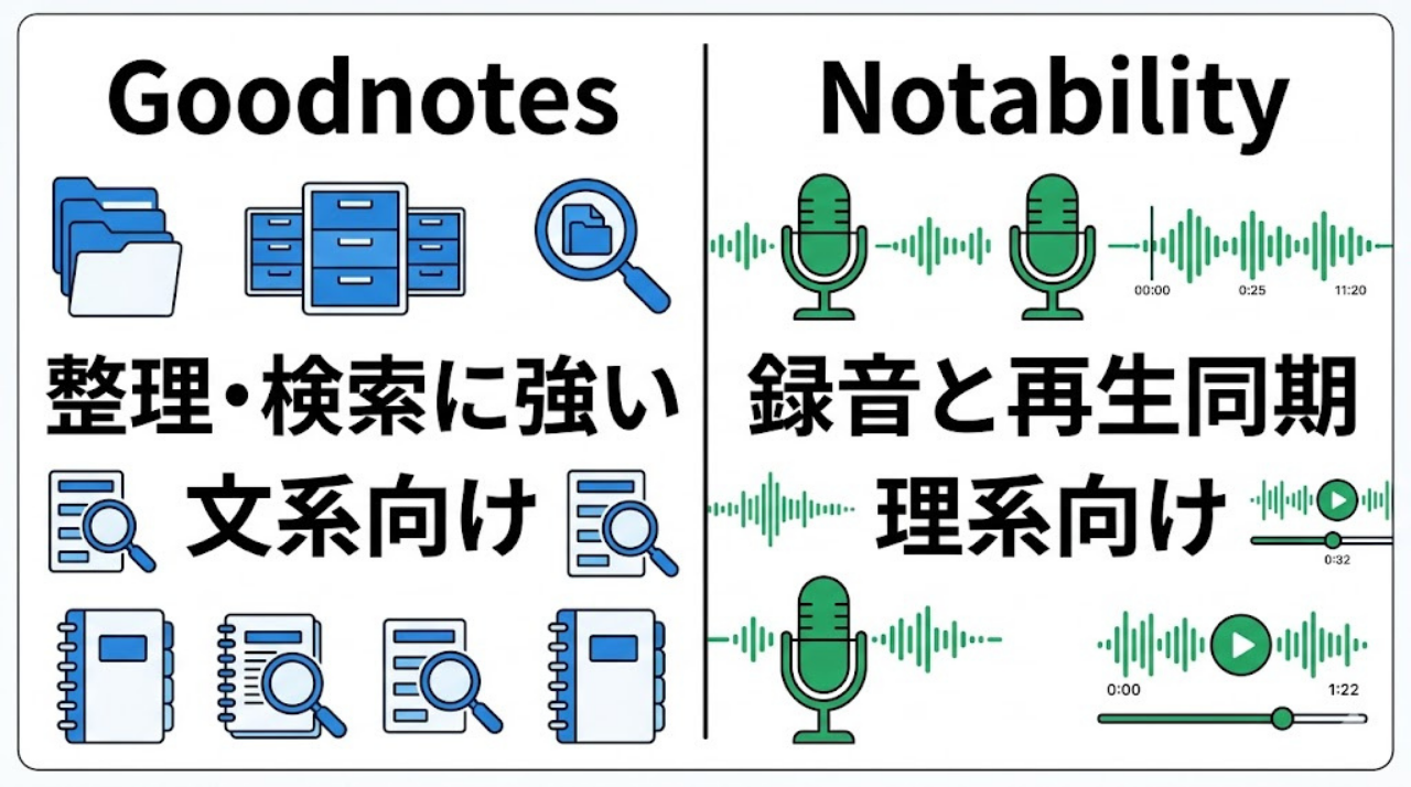GoodnotesとNotabilityの違いを、整理機能と録音同期で比較した画像