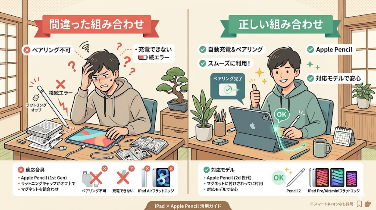 iPadとApple Pencilの対応関係と選び方を解説するイメージ