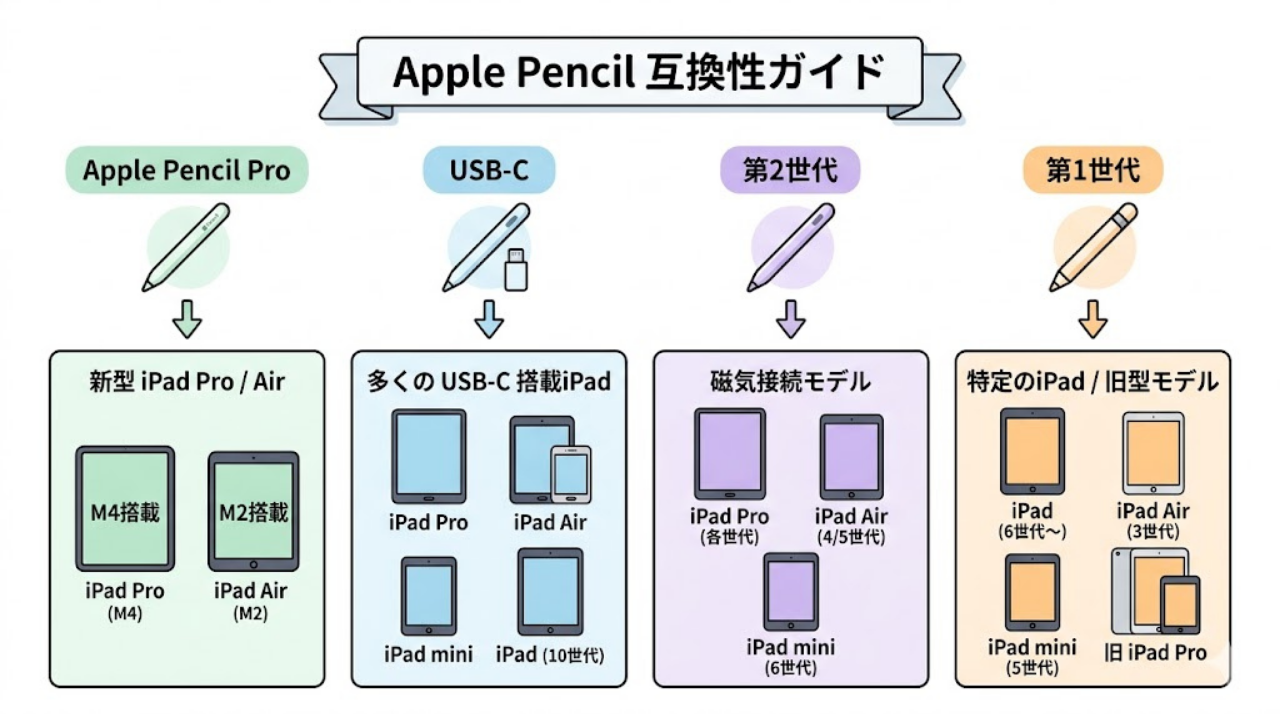 Apple Pencilの種類と対応イメージをまとめた図