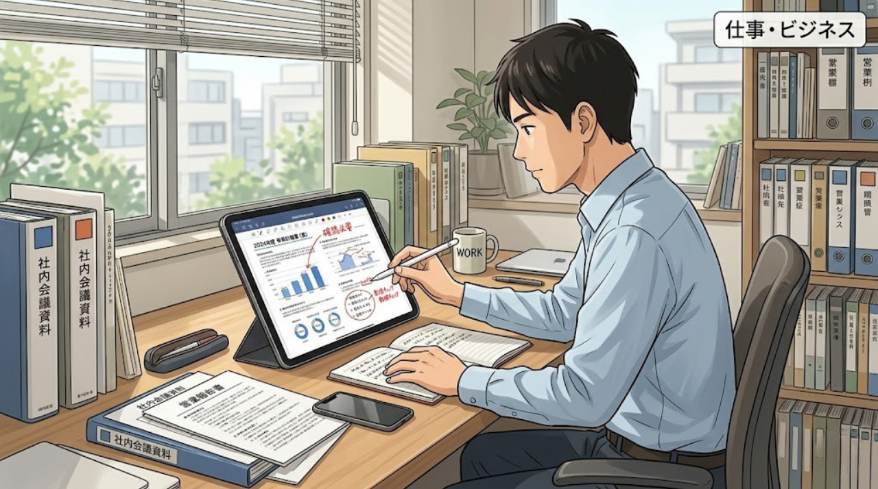 iPadで資料に書き込みをするビジネスシーン