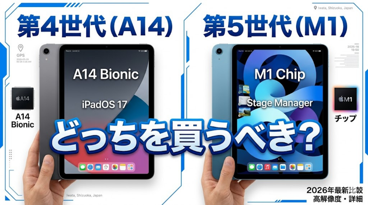 iPad Air 第4世代と第5世代の最終選択をまとめたカード型インフォグラフィックを作成してください。 【レイアウト】 ・16:9の横長 ・3カラム（横に3つ並ぶカード） ・スマホでも見やすいように文字は大きく太字 ・余白を広くとる --- 【タイトル（上部中央）】 「あなたに合うiPadはこれ【最終結論】」 --- 【左カード】 見出し： 「第4世代（コスパ重視）」 内容： ・とにかく安く買いたい ・動画視聴・読書メイン ・ライトユーザー向け 背景：薄いグレー --- 【中央カード】 見出し： 「第5世代（標準おすすめ）」 内容： ・3〜4年しっかり使う ・AI機能を使いたい ・勉強・仕事にも使う 背景：青 --- 【右カード】 見出し： 「第5世代 256GB（高性能）」 内容： ・動画編集・イラスト ・重いゲーム ・クリエイター用途 背景：濃い青 or 強調色 --- 【デザイン】 ・シンプルでミニマル ・日本語のみ ・アイコン付き（💰📱💻🎮などシンプル） ・角丸カード＋軽い影 ・テック系ブログ風 ・白背景ベース --- 【重要】 ・視覚的に一瞬で選べること ・情報は詰め込みすぎない ・「自分はどれか」が即わかる構造
