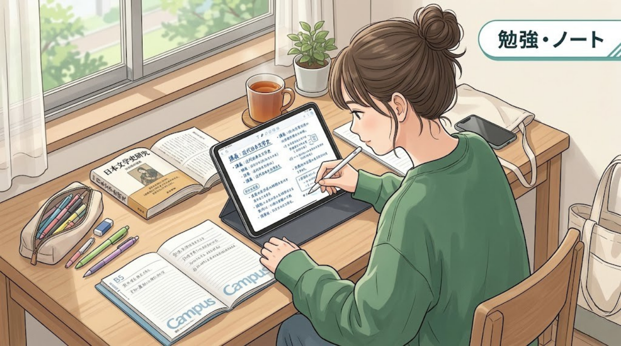 iPadとApple Pencilでノートを取る学生のイメージ